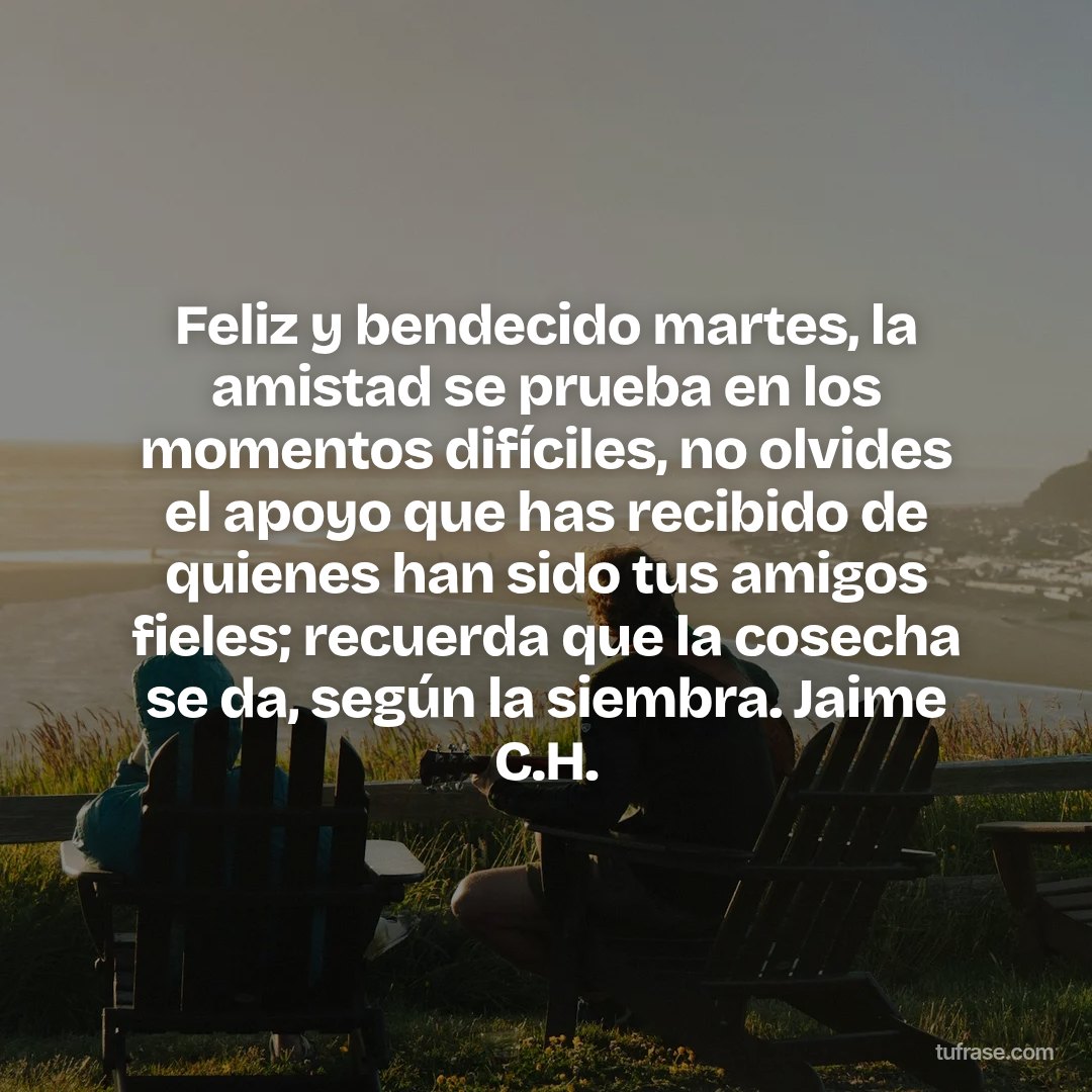 Feliz y bendecido martes, la amistad se prueba en los momentos difíciles, no olvides el apoyo que has recibido de quienes han sido tus amigos fieles; recuerda que la cosecha se da, según la siembra. Jaime C.H.