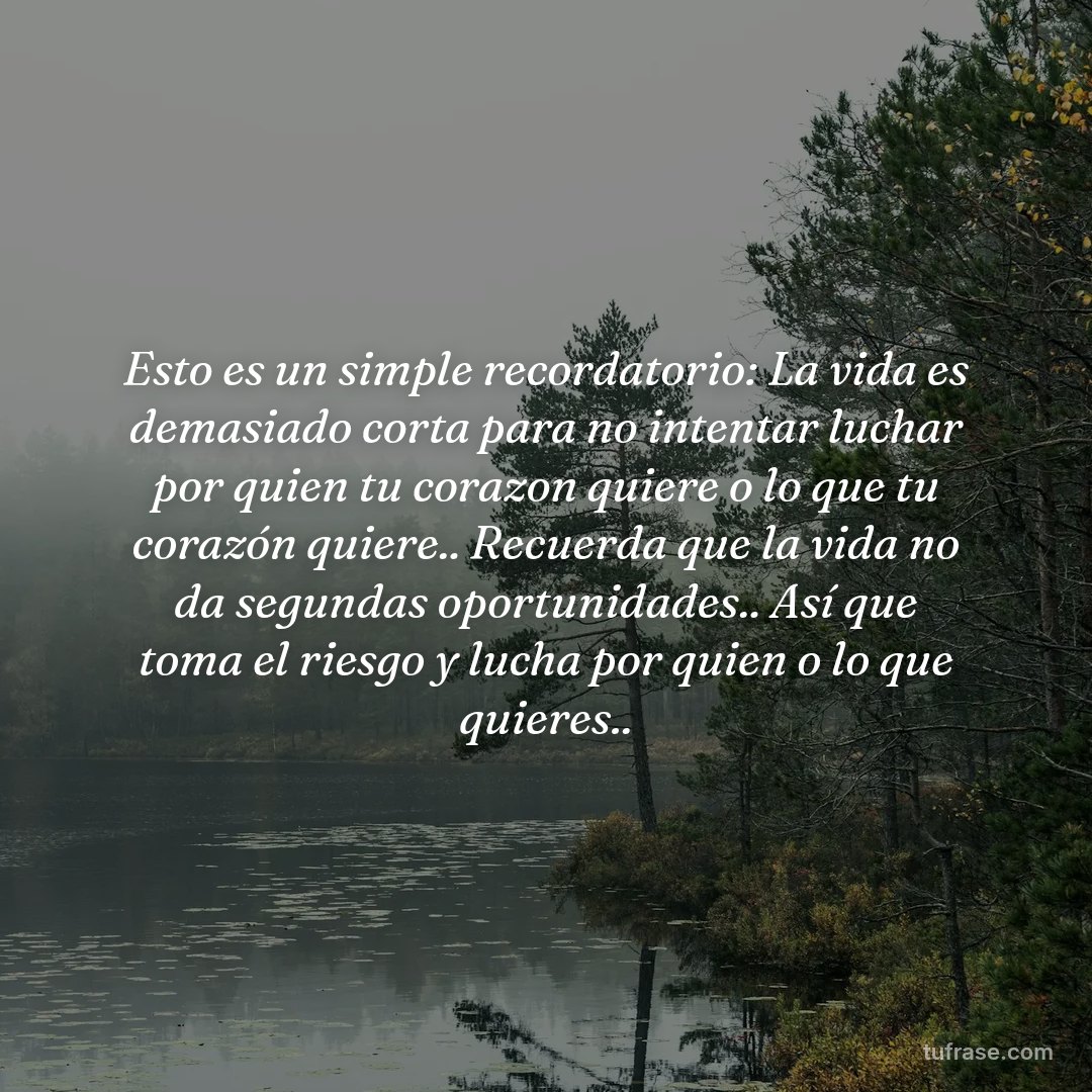 Esto es un simple recordatorio: La vida es demasiado corta para no intentar luchar por quien tu corazon quiere o lo que tu corazón quiere.. Recuerda que la vida no da segundas oportunidades.. Así que toma el riesgo y lucha por quien o lo que quieres..