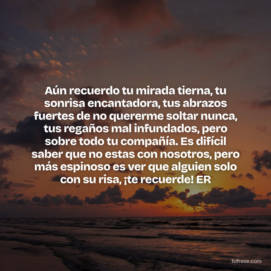 Aún recuerdo tu mirada tierna, tu sonrisa encantadora, tus abrazos fuertes de no quererme soltar nunca, tus regaños mal infundados, pero sobre todo tu compañía. Es difícil saber que no estas con nosotros, pero más espinoso es ver que alguien solo con su risa, ¡te recuerde! ER