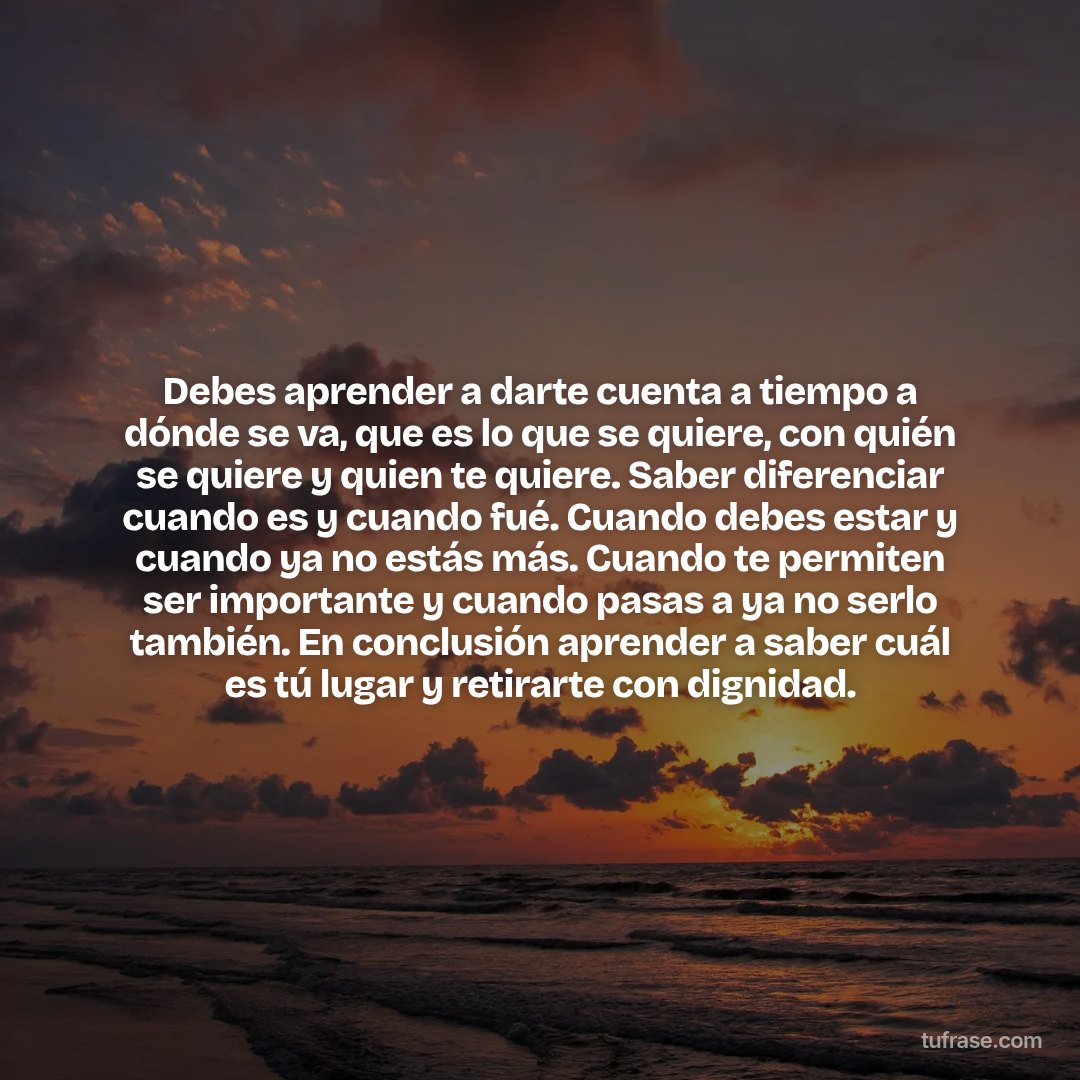 Debes aprender a darte cuenta a tiempo a dónde se va, que es lo que se quiere, con quién se quiere y quien te quiere. Saber diferenciar cuando es y cuando fué. Cuando debes estar y cuando ya no estás más. Cuando te permiten ser importante y cuando pasas a ya no serlo también. En conclusión aprender a saber cuál es tú lugar y retirarte con dignidad.