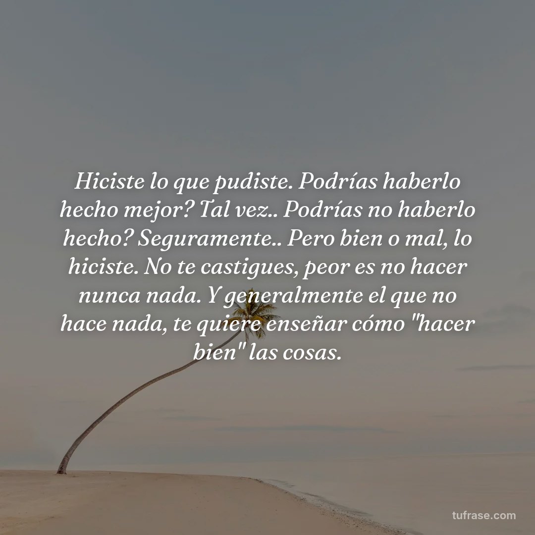 Hiciste lo que pudiste. Podrías haberlo hecho mejor? Tal vez.. Podrías no haberlo hecho? Seguramente.. Pero bien o mal, lo hiciste. No te castigues, peor es no hacer nunca nada. Y generalmente el que no hace nada, te quiere enseñar cómo "hacer bien" las cosas.