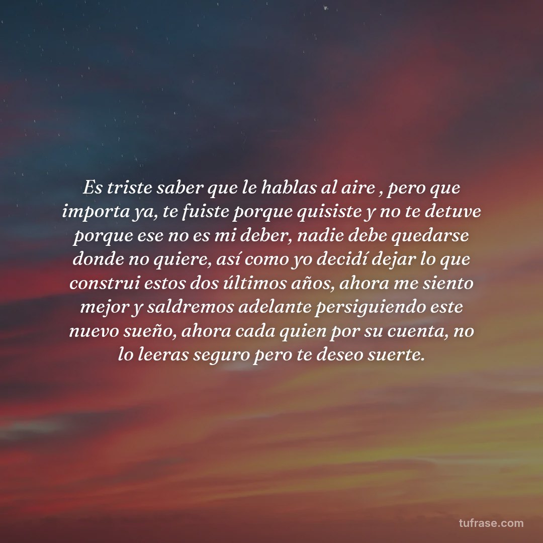 Es triste saber que le hablas al aire , pero que importa ya, te fuiste porque quisiste y no te detuve porque ese no es mi deber, nadie debe quedarse donde no quiere, así como yo decidí dejar lo que construi estos dos últimos años, ahora me siento mejor y saldremos adelante persiguiendo este nuevo sueño, ahora cada quien por su cuenta, no lo leeras seguro pero te deseo suerte.