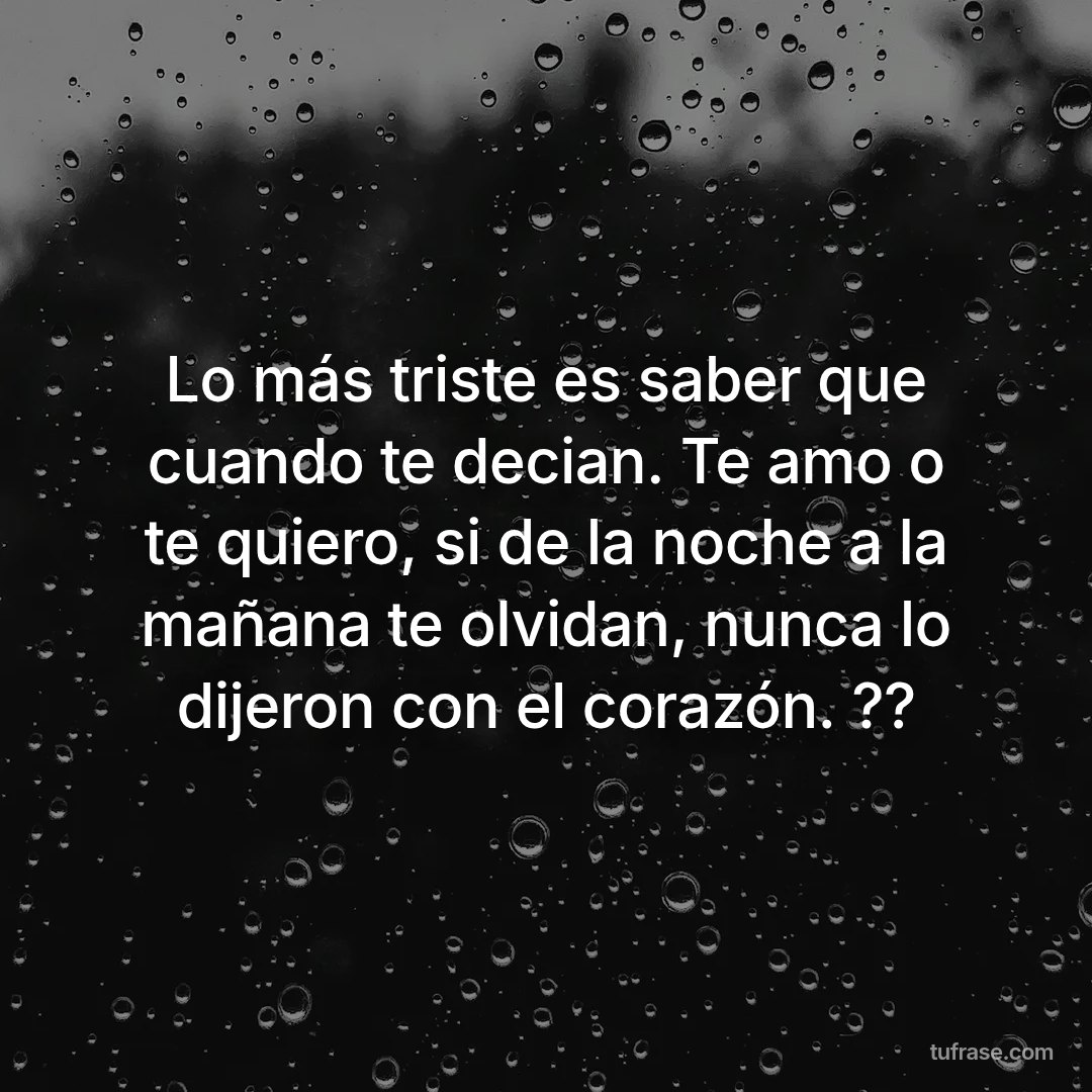 Lo más triste es saber que cuando te decian. Te amo o te quiero, si de la noche a la mañana te olvidan, nunca lo dijeron con el corazón. ??