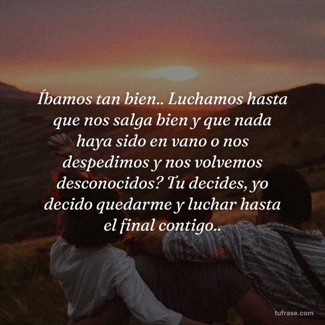Íbamos tan bien.. Luchamos hasta que nos salga bien y que nada haya sido en vano o nos despedimos y nos volvemos desconocidos? Tu decides, yo decido quedarme y luchar hasta el final contigo..
