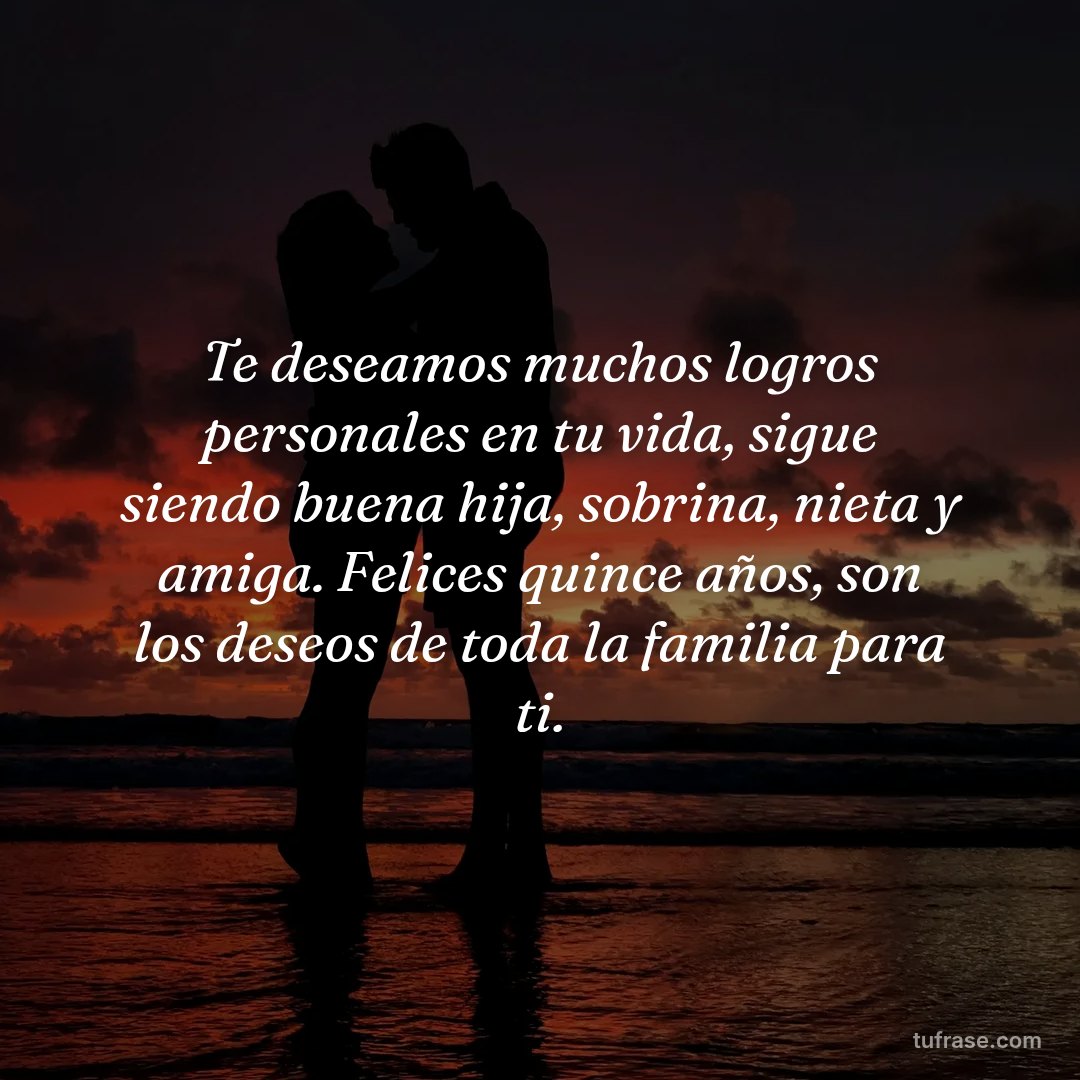 Te deseamos muchos logros personales en tu vida, sigue siendo buena hija, sobrina, nieta y amiga. Felices quince años, son los deseos de toda la familia para ti.