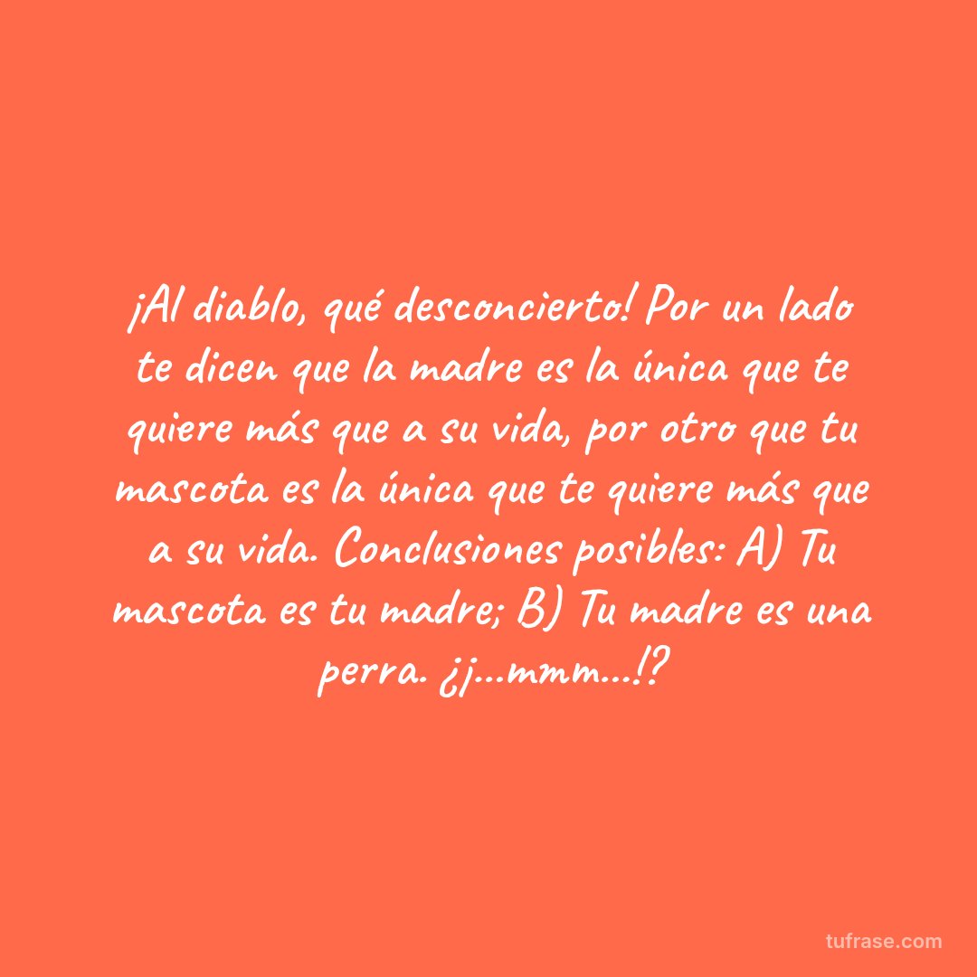 ¡Al diablo, qué desconcierto! Por un lado te dicen que la madre es la única que te quiere más que a su vida, por otro que tu mascota es la única que te quiere más que a su vida. Conclusiones posibles: A) Tu mascota es tu madre; B) Tu madre es una perra. ¿¡...mmm...!?