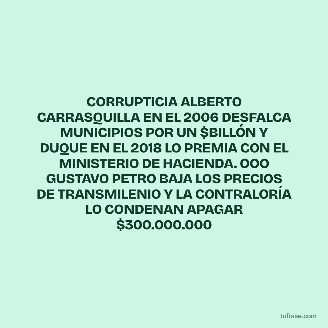 CORRUPTICIA ALBERTO CARRASQUILLA EN EL 2006 DESFALCA MUNICIPIOS POR UN $BILLÓN Y DUQUE EN EL 2018 LO PREMIA CON EL MINISTERIO DE HACIENDA. OOO GUSTAVO PETRO BAJA LOS PRECIOS DE TRANSMILENIO Y LA CONTRALORÍA LO CONDENAN APAGAR $300.000.000