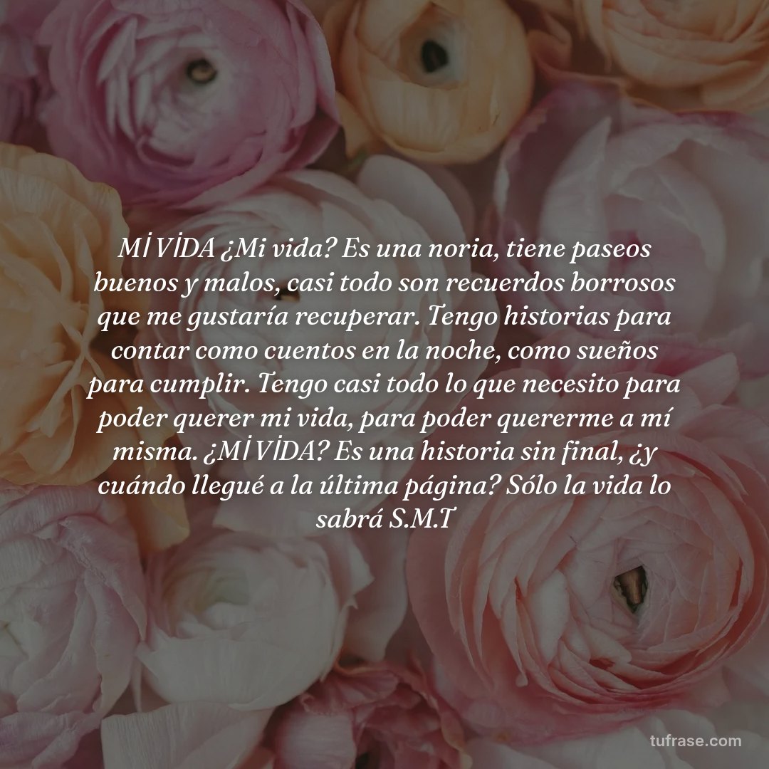 Mİ VİDA ¿Mi vida? Es una noria, tiene paseos buenos y malos, casi todo son recuerdos borrosos que me gustaría recuperar. Tengo historias para contar como cuentos en la noche, como sueños para cumplir. Tengo casi todo lo que necesito para poder querer mi vida, para poder quererme a mí misma. ¿Mİ VİDA? Es una historia sin final, ¿y cuándo llegué a la última página? Sólo la vida lo sabrá S.M.T