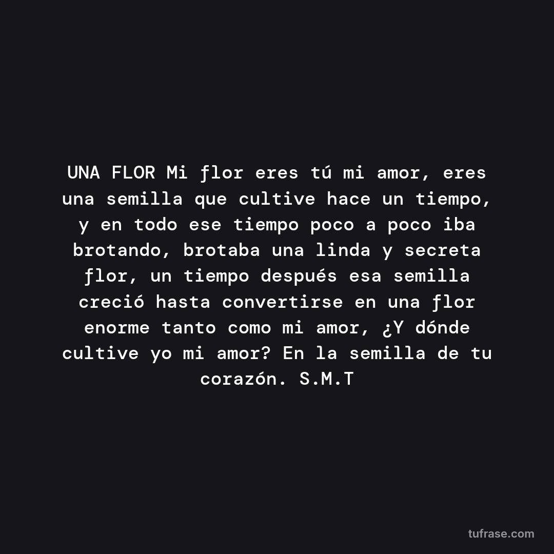 UNA FLOR Mi flor eres tú mi amor, eres una semilla que cultive hace un tiempo, y en todo ese tiempo poco a poco iba brotando, brotaba una linda y secreta flor, un tiempo después esa semilla creció hasta convertirse en una flor enorme tanto como mi amor, ¿Y dónde cultive yo mi amor? En la semilla de tu corazón. S.M.T