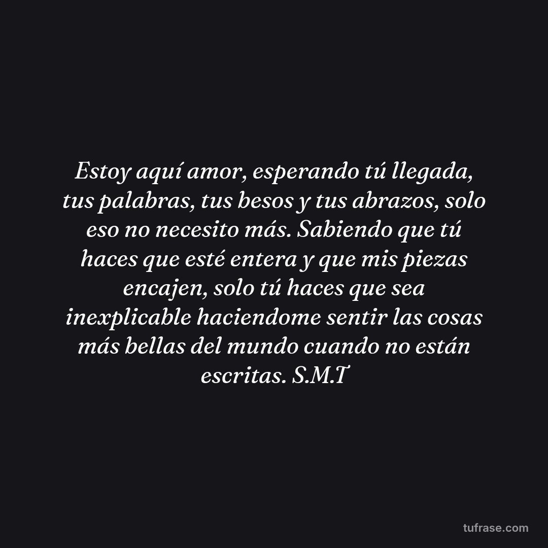 Estoy aquí amor, esperando tú llegada, tus palabras, tus besos y tus abrazos, solo eso no necesito más. Sabiendo que tú haces que esté entera y que mis piezas encajen, solo tú haces que sea inexplicable haciendome sentir las cosas más bellas del mundo cuando no están escritas. S.M.T