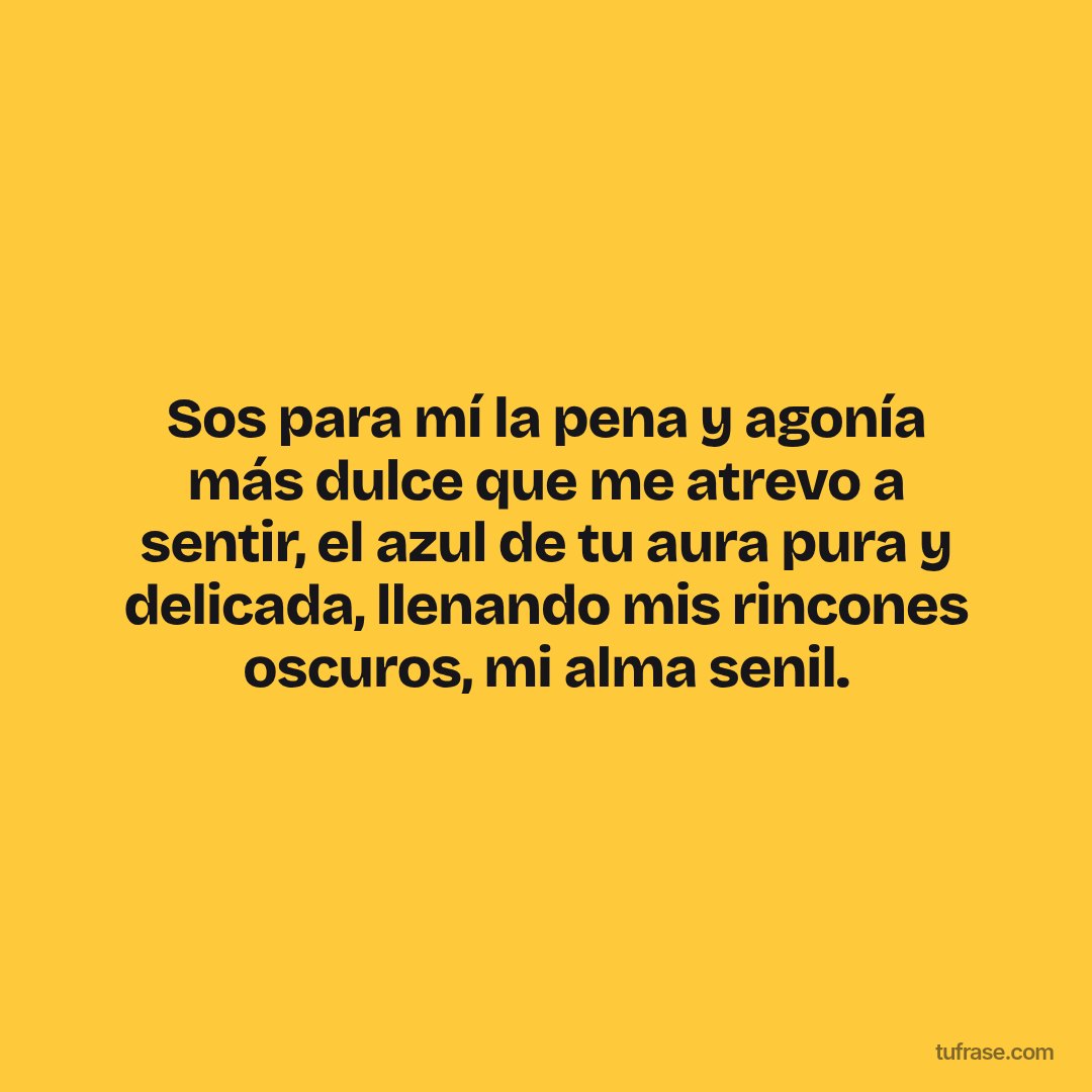 Sos para mí la pena y agonía más dulce que me atrevo a sentir, el azul de tu aura pura y delicada, llenando mis rincones oscuros, mi alma senil.