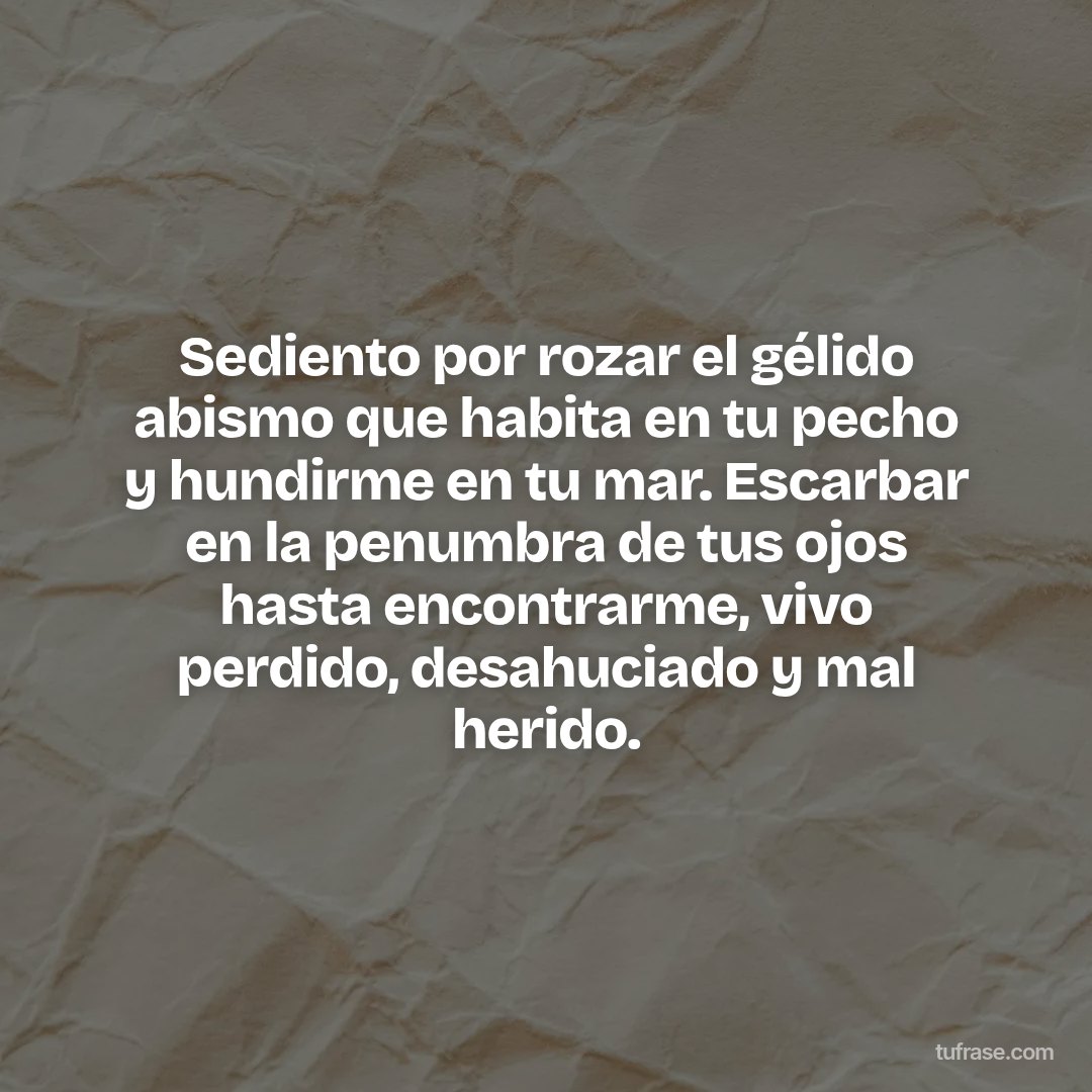 Sediento por rozar el gélido abismo que habita en tu pecho y hundirme en tu mar. Escarbar en la penumbra de tus ojos hasta encontrarme, vivo perdido, desahuciado y mal herido.