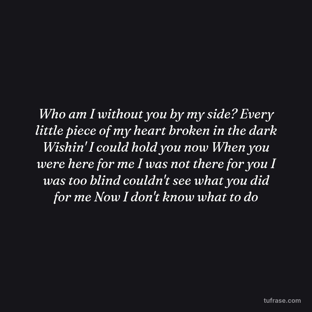 Who am I without you by my side? Every little piece of my heart broken in the dark Wishin' I could hold you now When you were here for me I was not there for you I was too blind couldn't see what you did for me Now I don't know what to do