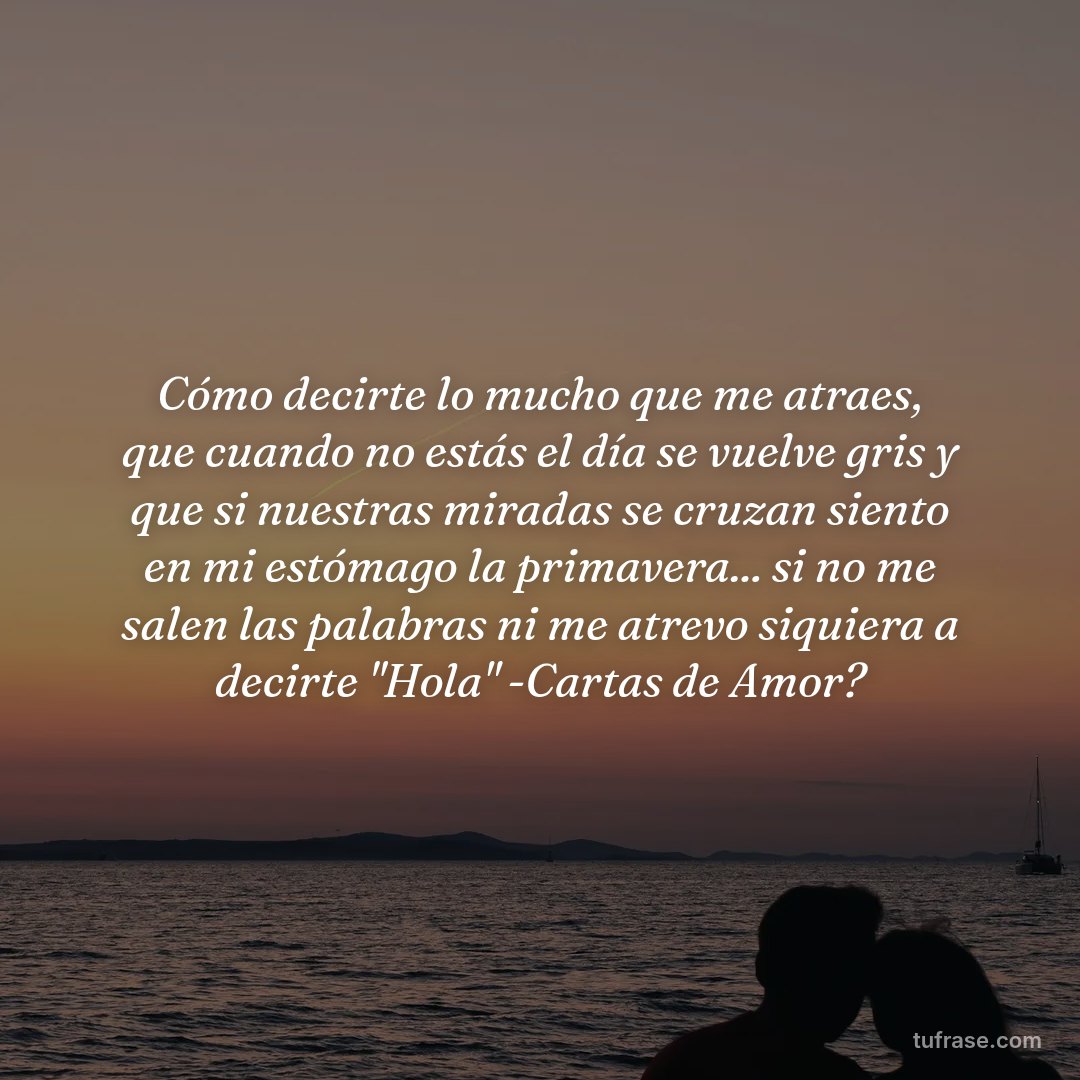 Cómo decirte lo mucho que me atraes, que cuando no estás el día se vuelve gris y que si nuestras miradas se cruzan siento en mi estómago la primavera... si no me salen las palabras ni me atrevo siquiera a decirte "Hola" -Cartas de Amor?