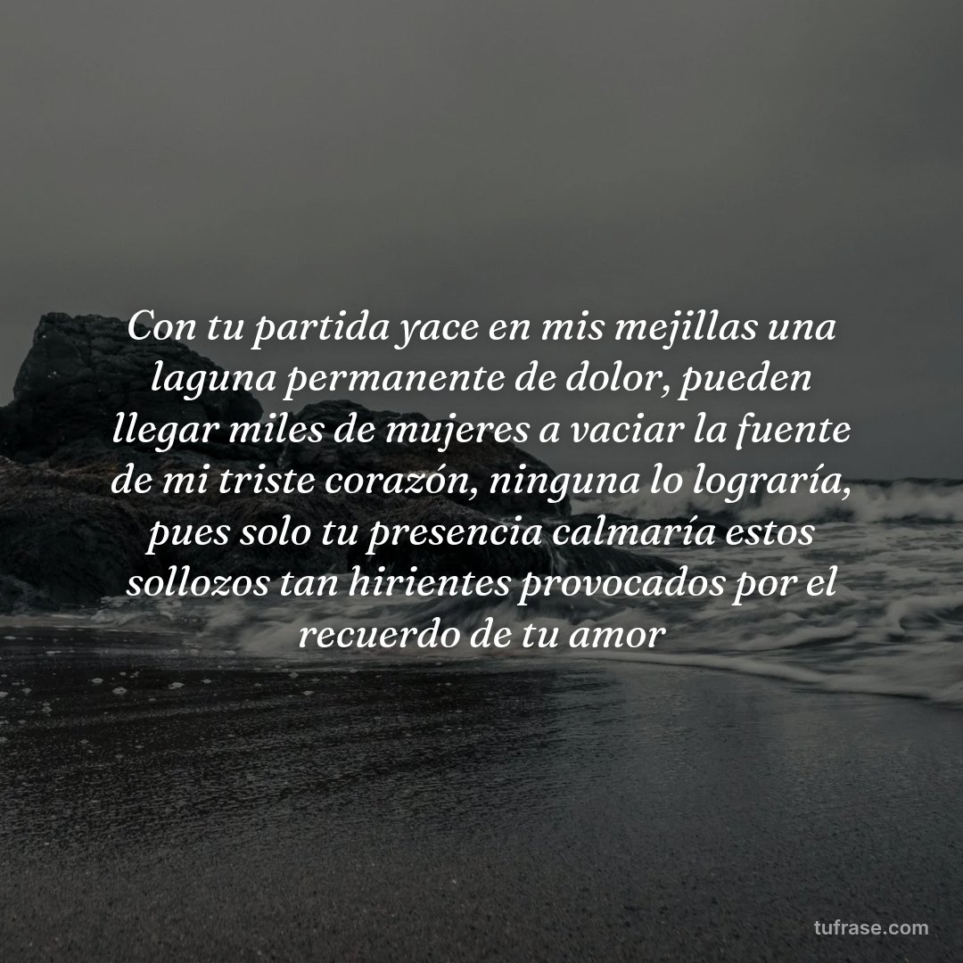 Con tu partida yace en mis mejillas una laguna permanente de dolor, pueden llegar miles de mujeres a vaciar la fuente de mi triste corazón, ninguna lo lograría, pues solo tu presencia calmaría estos sollozos tan hirientes provocados por el recuerdo de tu amor