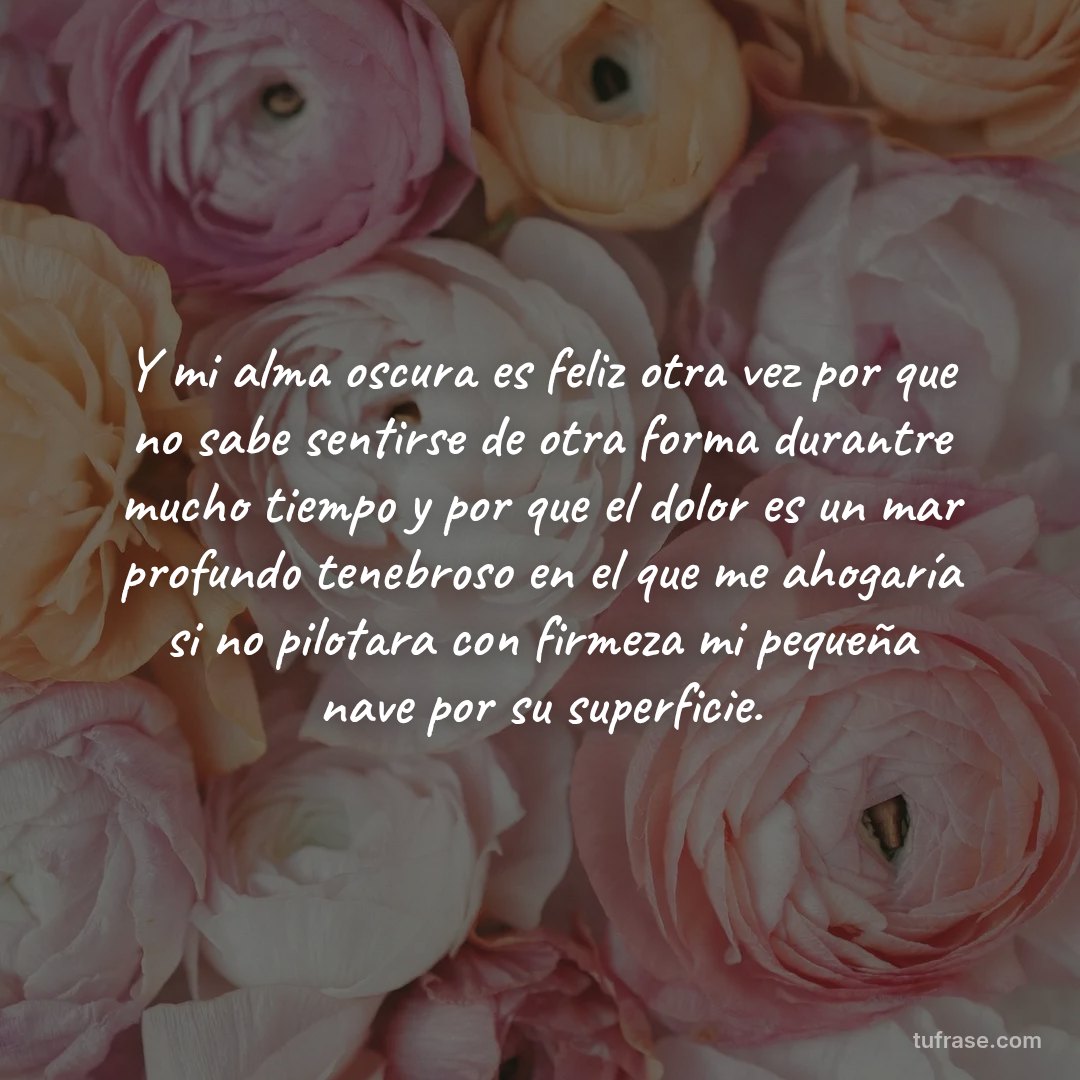 Y mi alma oscura es feliz otra vez por que no sabe sentirse de otra forma durantre mucho tiempo y por que el dolor es un mar profundo tenebroso en el que me ahogaría si no pilotara con firmeza mi pequeña nave por su superficie.