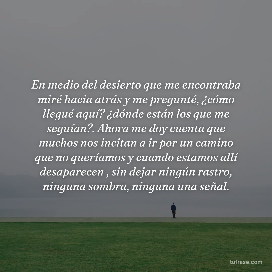 En medio del desierto que me encontraba miré hacia atrás y me pregunté, ¿cómo llegué aquí? ¿dónde están los que me seguían?. Ahora me doy cuenta que muchos nos incitan a ir por un camino que no queríamos y cuando estamos allí desaparecen , sin dejar ningún rastro, ninguna sombra, ninguna una señal.