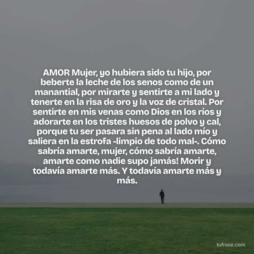 AMOR Mujer, yo hubiera sido tu hijo, por beberte la leche de los senos como de un manantial, por mirarte y sentirte a mi lado y tenerte en la risa de oro y la voz de cristal. Por sentirte en mis venas como Dios en los ríos y adorarte en los tristes huesos de polvo y cal, porque tu ser pasara sin pena al lado mío y saliera en la estrofa -limpio de todo mal-. Cómo sabría amarte, mujer, cómo sabría amarte, amarte como nadie supo jamás! Morir y todavía amarte más. Y todavía amarte más y más.