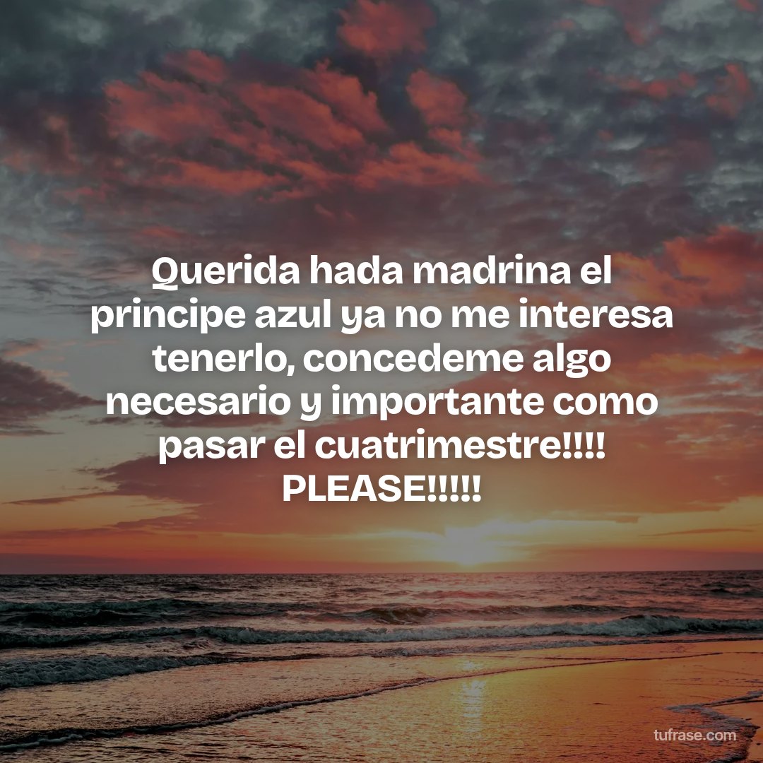 Querida hada madrina el principe azul ya no me interesa tenerlo, concedeme algo necesario y importante como pasar el cuatrimestre!!!! PLEASE!!!!!