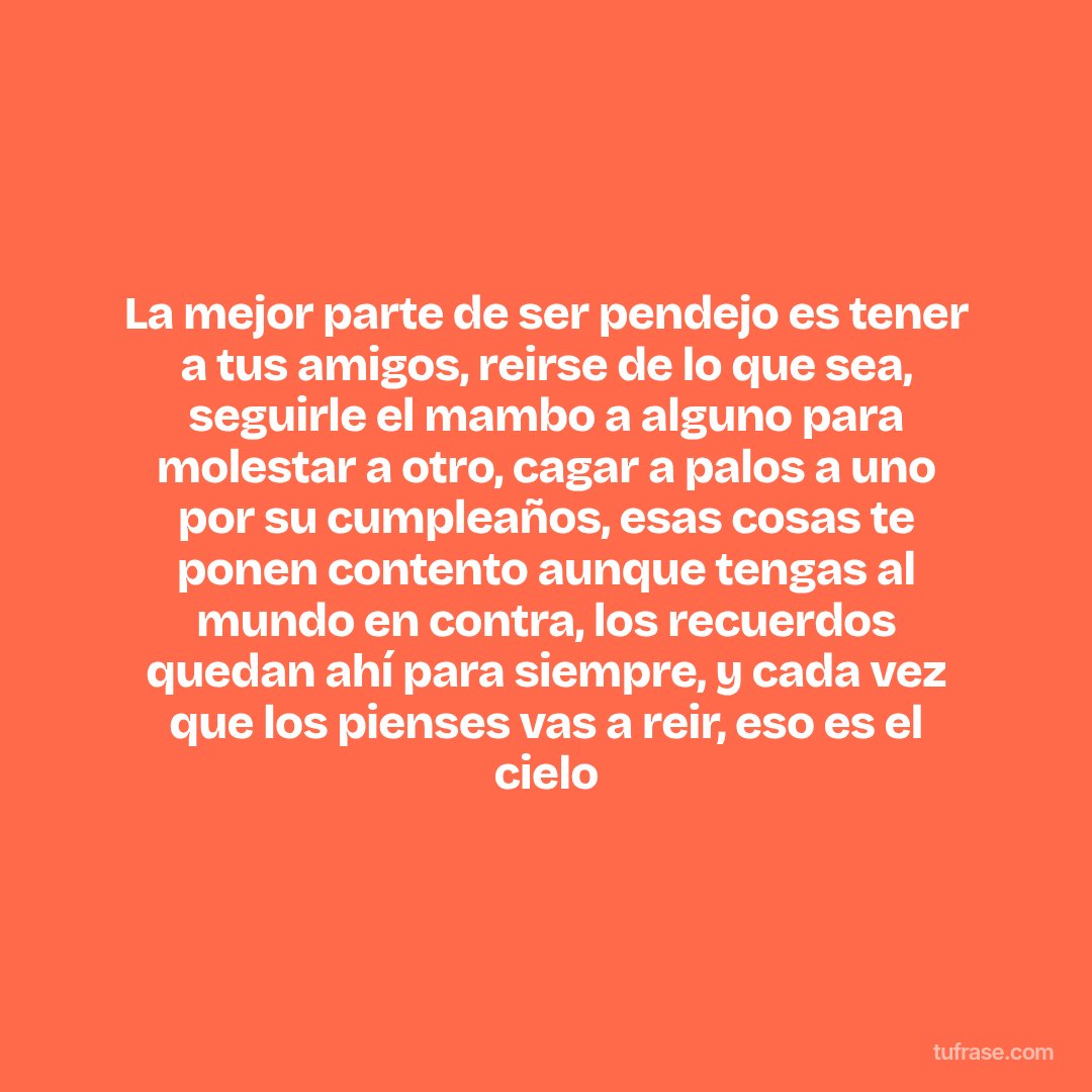 La mejor parte de ser pendejo es tener a tus amigos, reirse de lo que sea, seguirle el mambo a alguno para molestar a otro, cagar a palos a uno por su cumpleaños, esas cosas te ponen contento aunque tengas al mundo en contra, los recuerdos quedan ahí para siempre, y cada vez que los pienses vas a reir, eso es el cielo