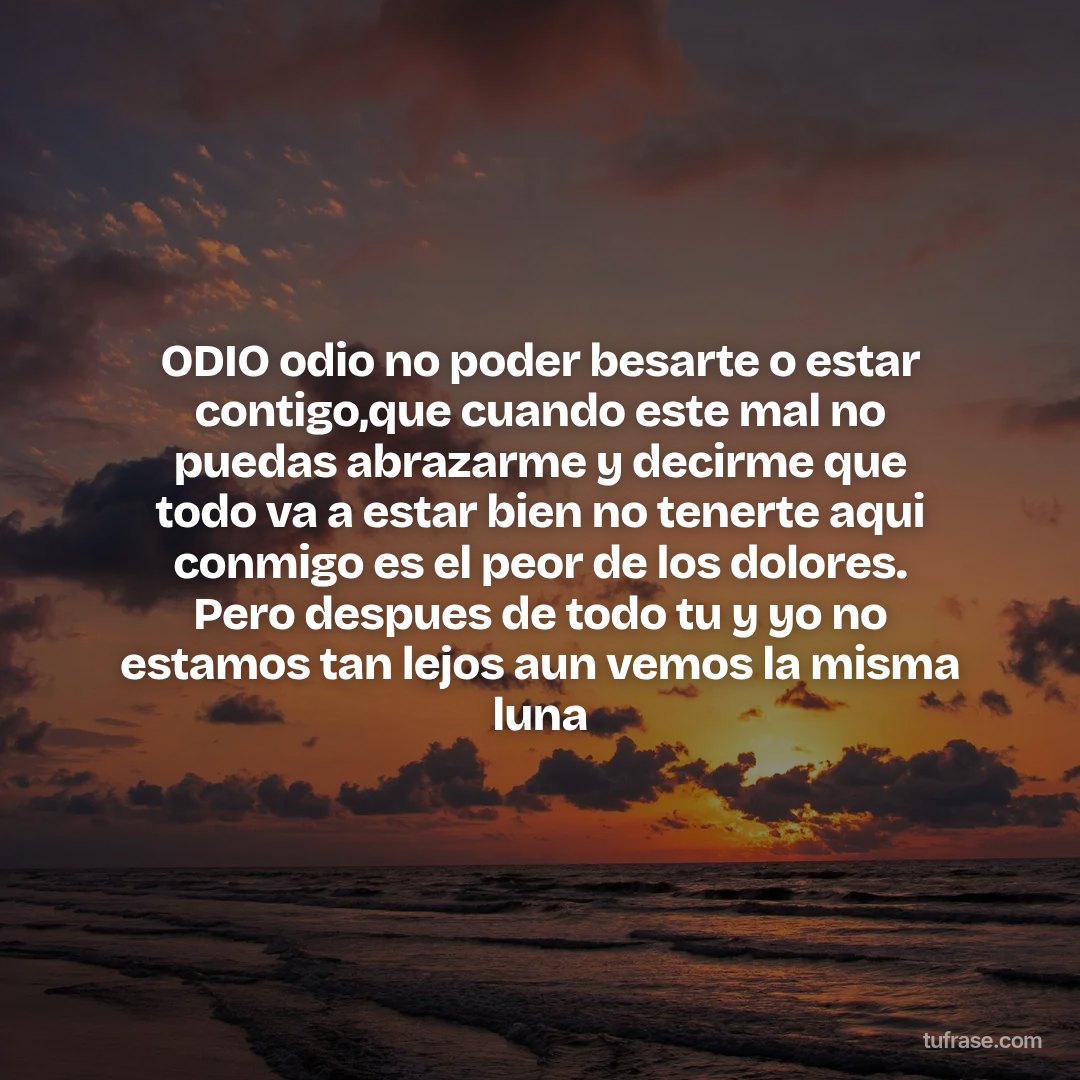 ODIO odio no poder besarte o estar contigo,que cuando este mal no puedas abrazarme y decirme que todo va a estar bien no tenerte aqui conmigo es el peor de los dolores. Pero despues de todo tu y yo no estamos tan lejos aun vemos la misma luna