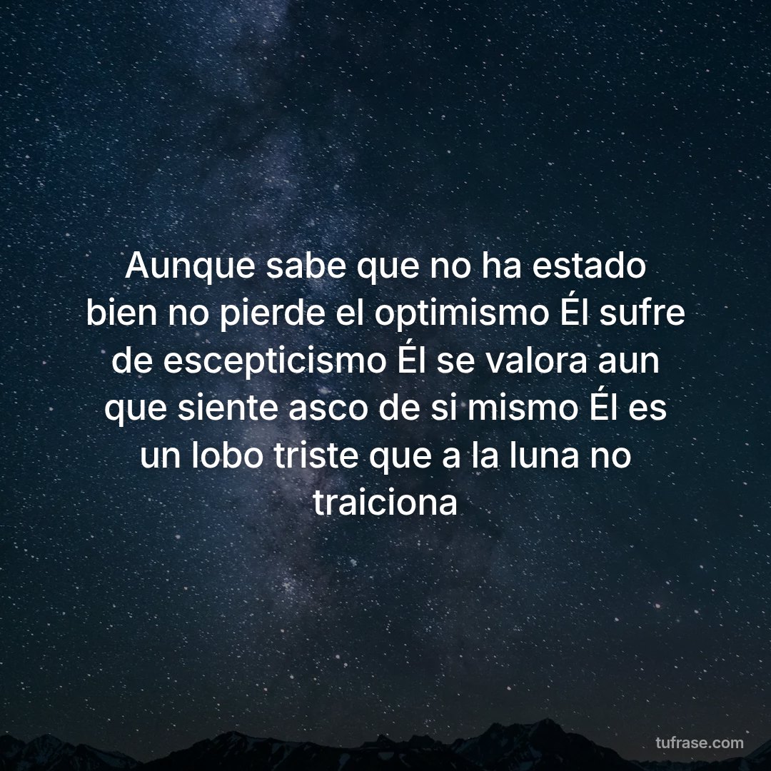 Aunque sabe que no ha estado bien no pierde el optimismo Él sufre de escepticismo Él se valora aun que siente asco de si mismo Él es un lobo triste que a la luna no traiciona
