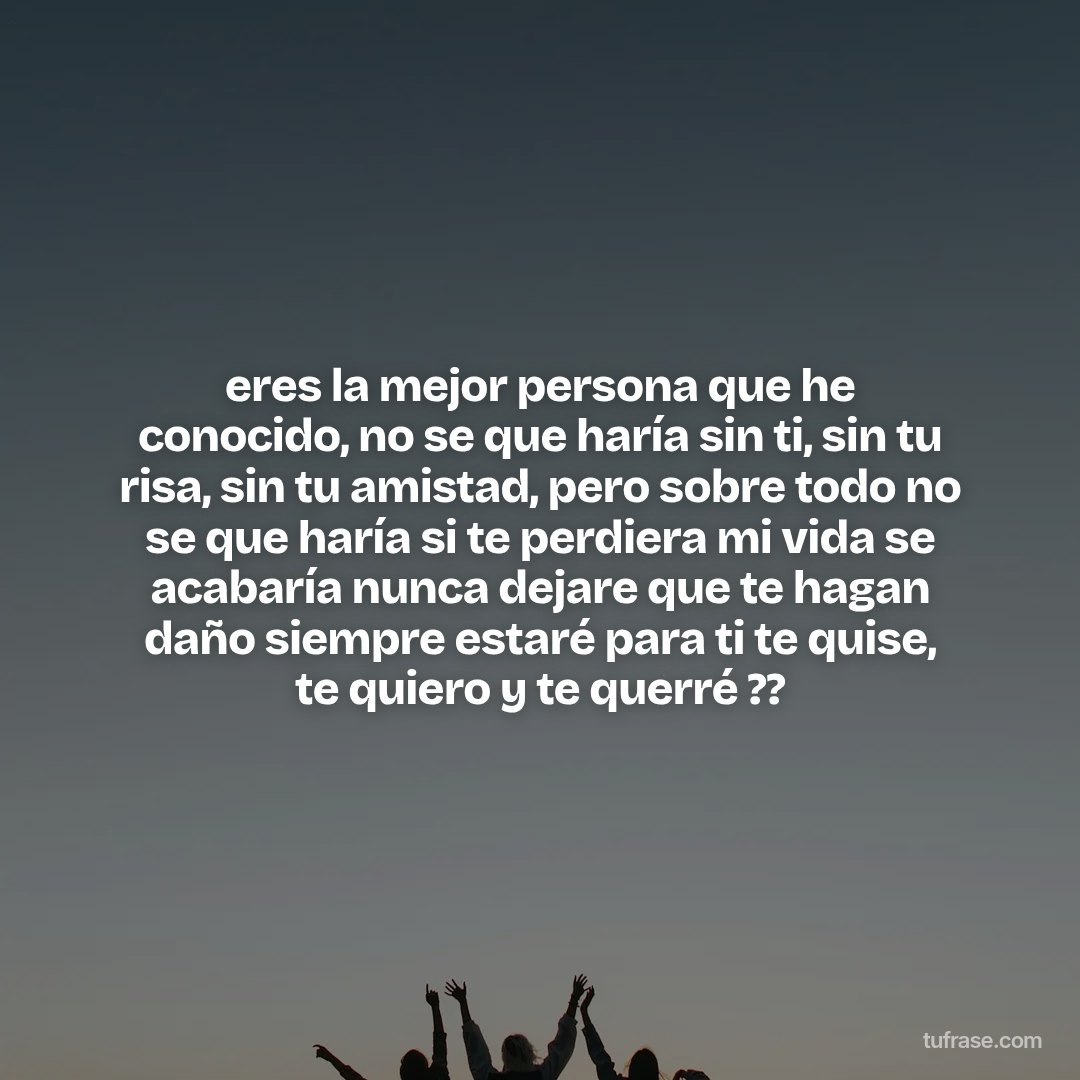 eres la mejor persona que he conocido, no se que haría sin ti, sin tu risa, sin tu amistad, pero sobre todo no se que haría si te perdiera mi vida se acabaría nunca dejare que te hagan daño siempre estaré para ti te quise, te quiero y te querré ??