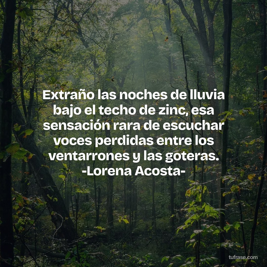 Extraño las noches de lluvia bajo el techo de zinc, esa sensación rara de escuchar voces perdidas entre los ventarrones y las goteras. -Lorena Acosta-