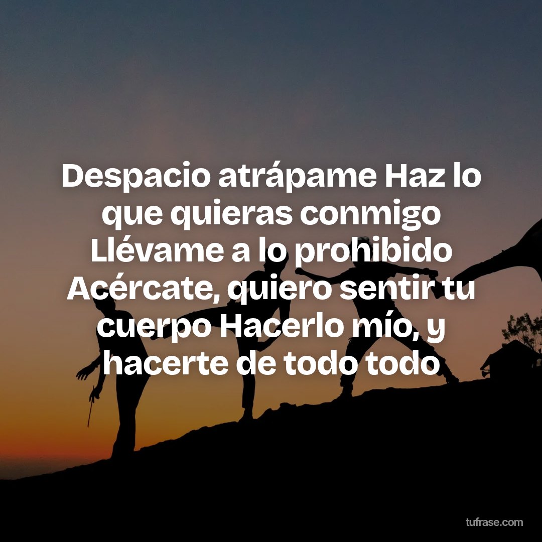 Despacio atrápame Haz lo que quieras conmigo Llévame a lo prohibido Acércate, quiero sentir tu cuerpo Hacerlo mío, y hacerte de todo todo