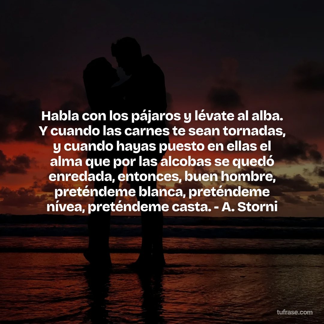 Habla con los pájaros y lévate al alba. Y cuando las carnes te sean tornadas, y cuando hayas puesto en ellas el alma que por las alcobas se quedó enredada, entonces, buen hombre, preténdeme blanca, preténdeme nívea, preténdeme casta. - A. Storni