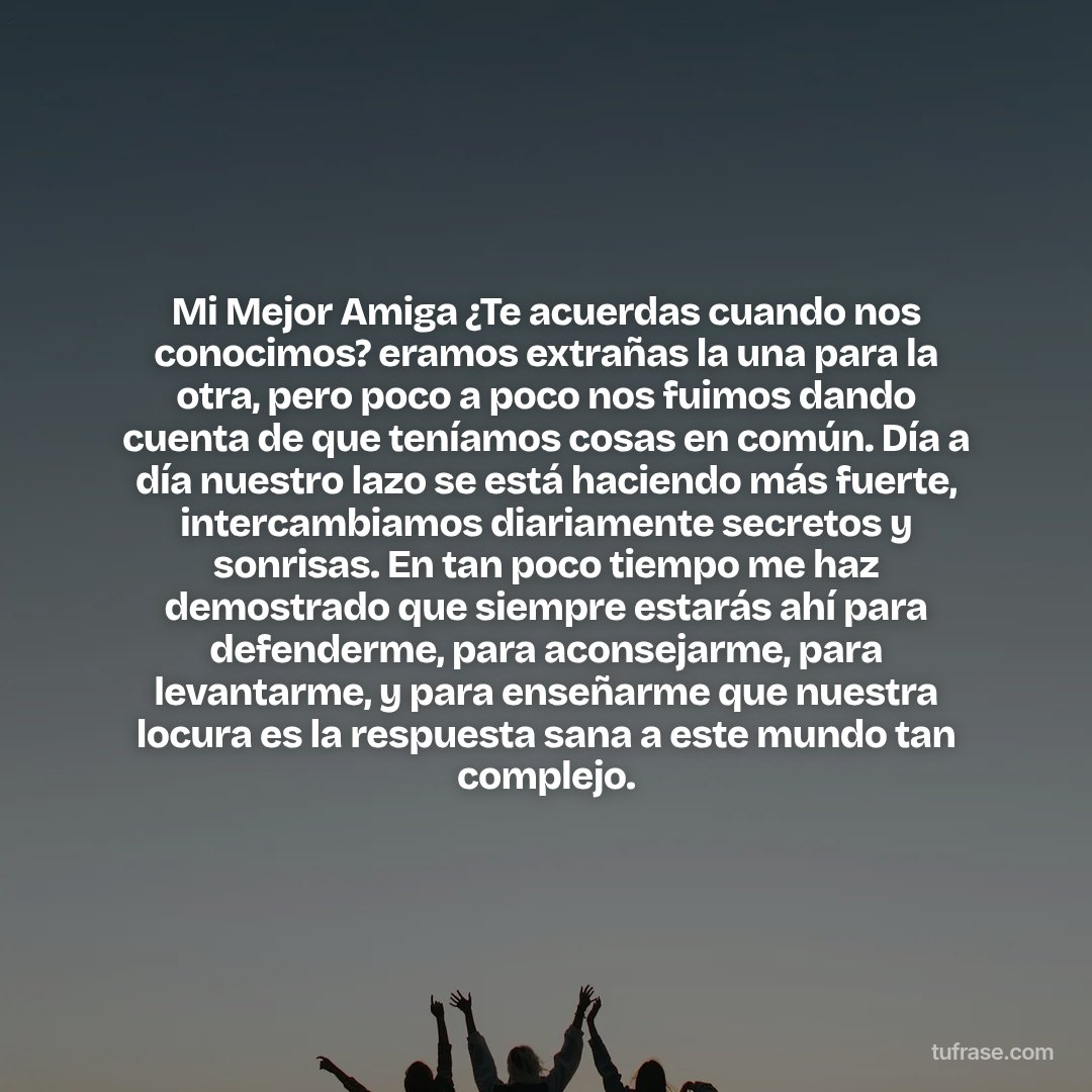 Mi Mejor Amiga ¿Te acuerdas cuando nos conocimos? eramos extrañas la una para la otra, pero poco a poco nos fuimos dando cuenta de que teníamos cosas en común. Día a día nuestro lazo se está haciendo más fuerte, intercambiamos diariamente secretos y sonrisas. En tan poco tiempo me haz demostrado que siempre estarás ahí para defenderme, para aconsejarme, para levantarme, y para enseñarme que nuestra locura es la respuesta sana a este mundo tan complejo.
