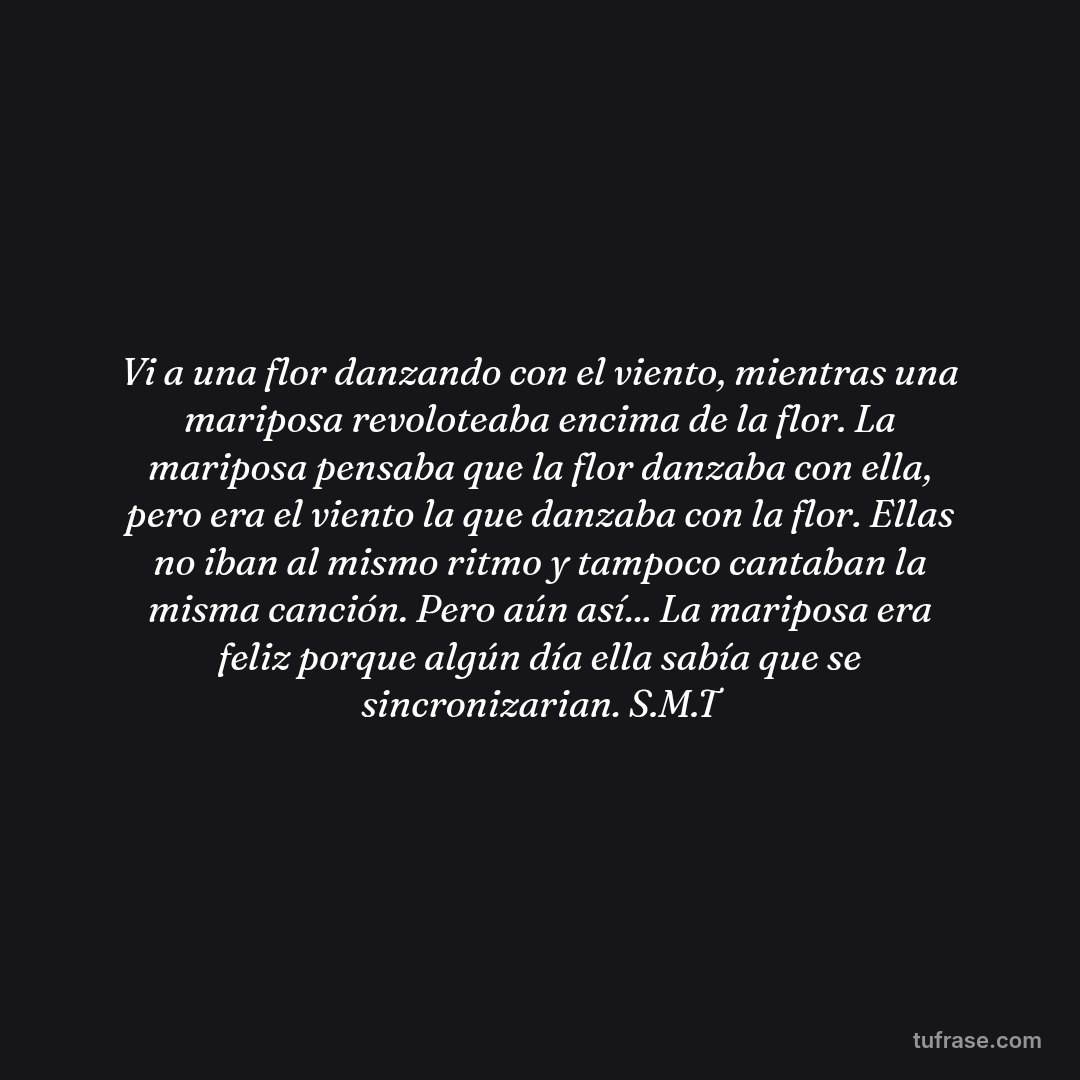 Vi a una flor danzando con el viento, mientras una mariposa revoloteaba encima de la flor. La mariposa pensaba que la flor danzaba con ella, pero era el viento la que danzaba con la flor. Ellas no iban al mismo ritmo y tampoco cantaban la misma canción. Pero aún así... La mariposa era feliz porque algún día ella sabía que se sincronizarian. S.M.T