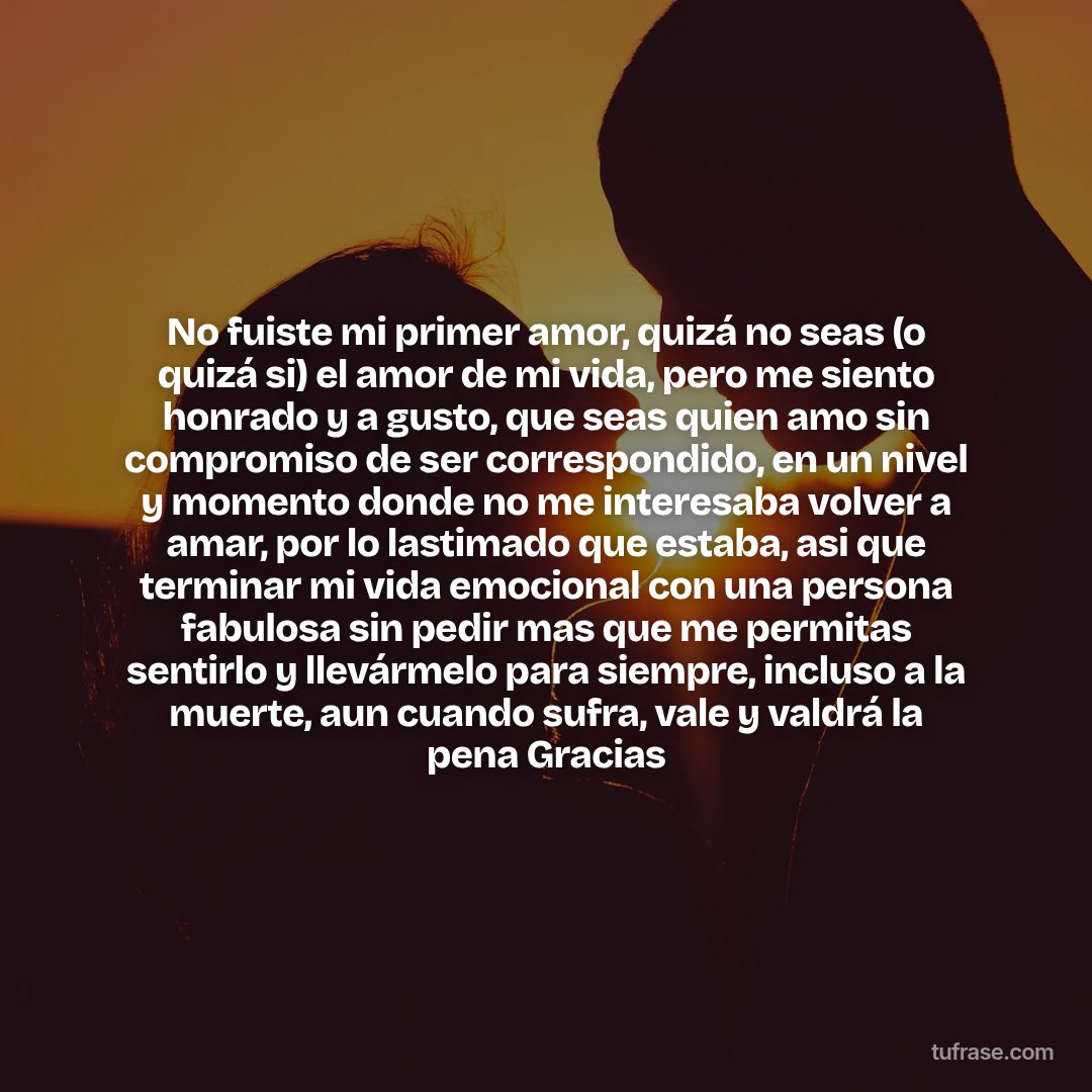 No fuiste mi primer amor, quizá no seas (o quizá si) el amor de mi vida, pero me siento honrado y a gusto, que seas quien amo sin compromiso de ser correspondido, en un nivel y momento donde no me interesaba volver a amar, por lo lastimado que estaba, asi que terminar mi vida emocional con una persona fabulosa sin pedir mas que me permitas sentirlo y llevármelo para siempre, incluso a la muerte, aun cuando sufra, vale y valdrá la pena Gracias