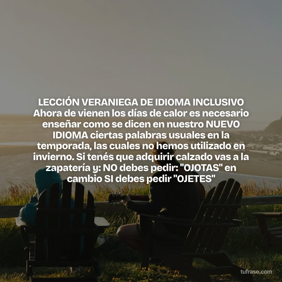 LECCIÓN VERANIEGA DE IDIOMA INCLUSIVO Ahora de vienen los días de calor es necesario enseñar como se dicen en nuestro NUEVO IDIOMA ciertas palabras usuales en la temporada, las cuales no hemos utilizado en invierno. Si tenés que adquirir calzado vas a la zapatería y: NO debes pedir: "OJOTAS" en cambio SI debes pedir "OJETES"