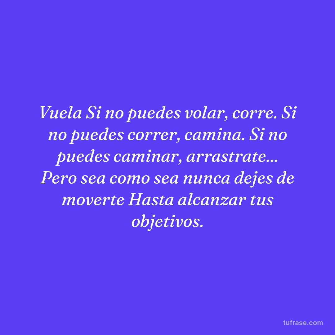 Vuela Si no puedes volar, corre. Si no puedes correr, camina. Si no puedes caminar, arrastrate... Pero sea como sea nunca dejes de moverte Hasta alcanzar tus objetivos.