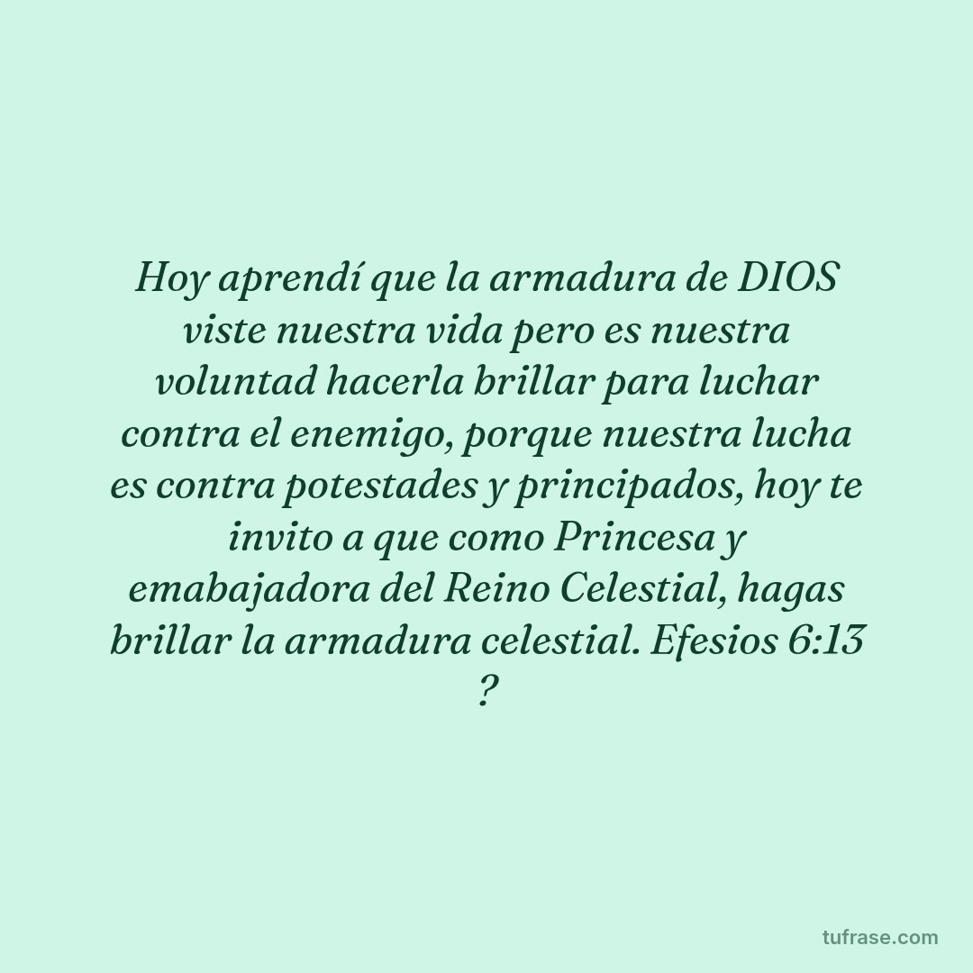 Hoy aprendí que la armadura de DIOS viste nuestra vida pero es nuestra voluntad hacerla brillar para luchar contra el enemigo, porque nuestra lucha es contra potestades y principados, hoy te invito a que como Princesa y emabajadora del Reino Celestial, hagas brillar la armadura celestial. Efesios 6:13 ?