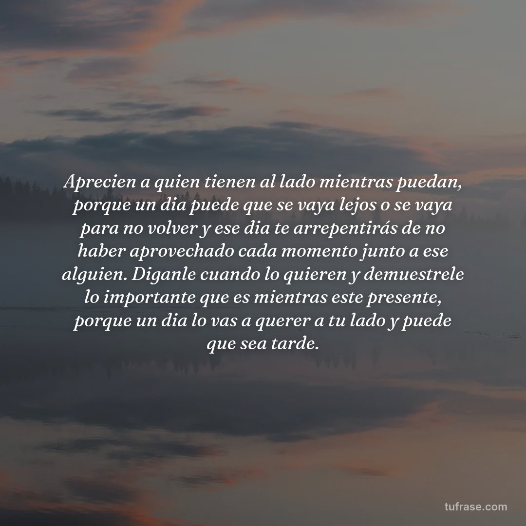 Aprecien a quien tienen al lado mientras puedan, porque un dia puede que se vaya lejos o se vaya para no volver y ese dia te arrepentirás de no haber aprovechado cada momento junto a ese alguien. Diganle cuando lo quieren y demuestrele lo importante que es mientras este presente, porque un dia lo vas a querer a tu lado y puede que sea tarde.