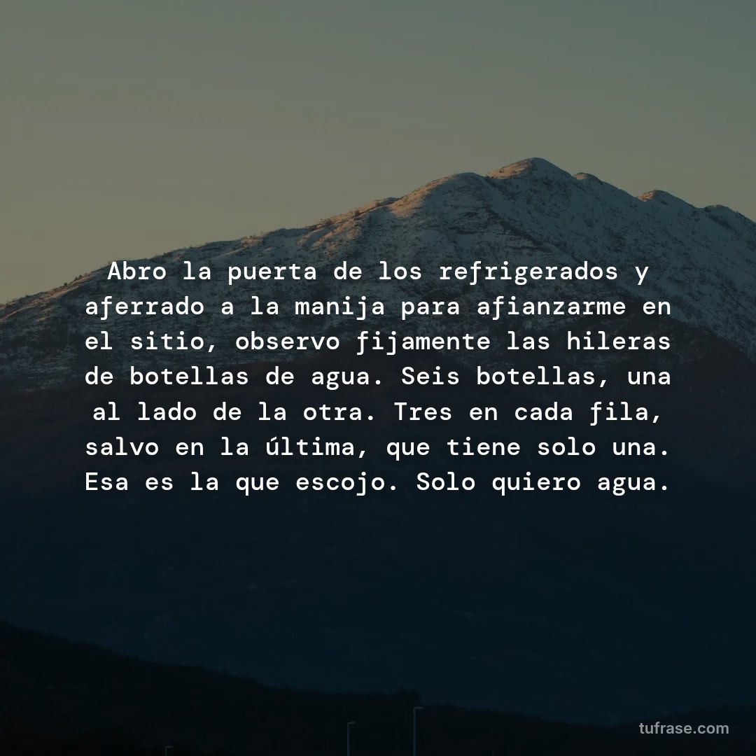 Abro la puerta de los refrigerados y aferrado a la manija para afianzarme en el sitio, observo fijamente las hileras de botellas de agua. Seis botellas, una al lado de la otra. Tres en cada fila, salvo en la última, que tiene solo una. Esa es la que escojo. Solo quiero agua.