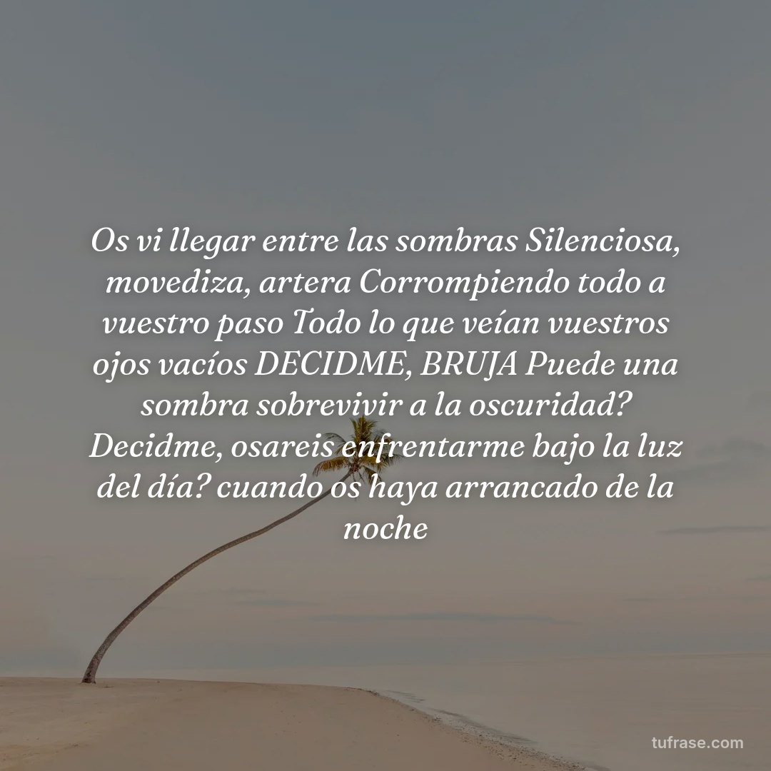 Os vi llegar entre las sombras Silenciosa, movediza, artera Corrompiendo todo a vuestro paso Todo lo que veían vuestros ojos vacíos DECIDME, BRUJA Puede una sombra sobrevivir a la oscuridad? Decidme, osareis enfrentarme bajo la luz del día? cuando os haya arrancado de la noche