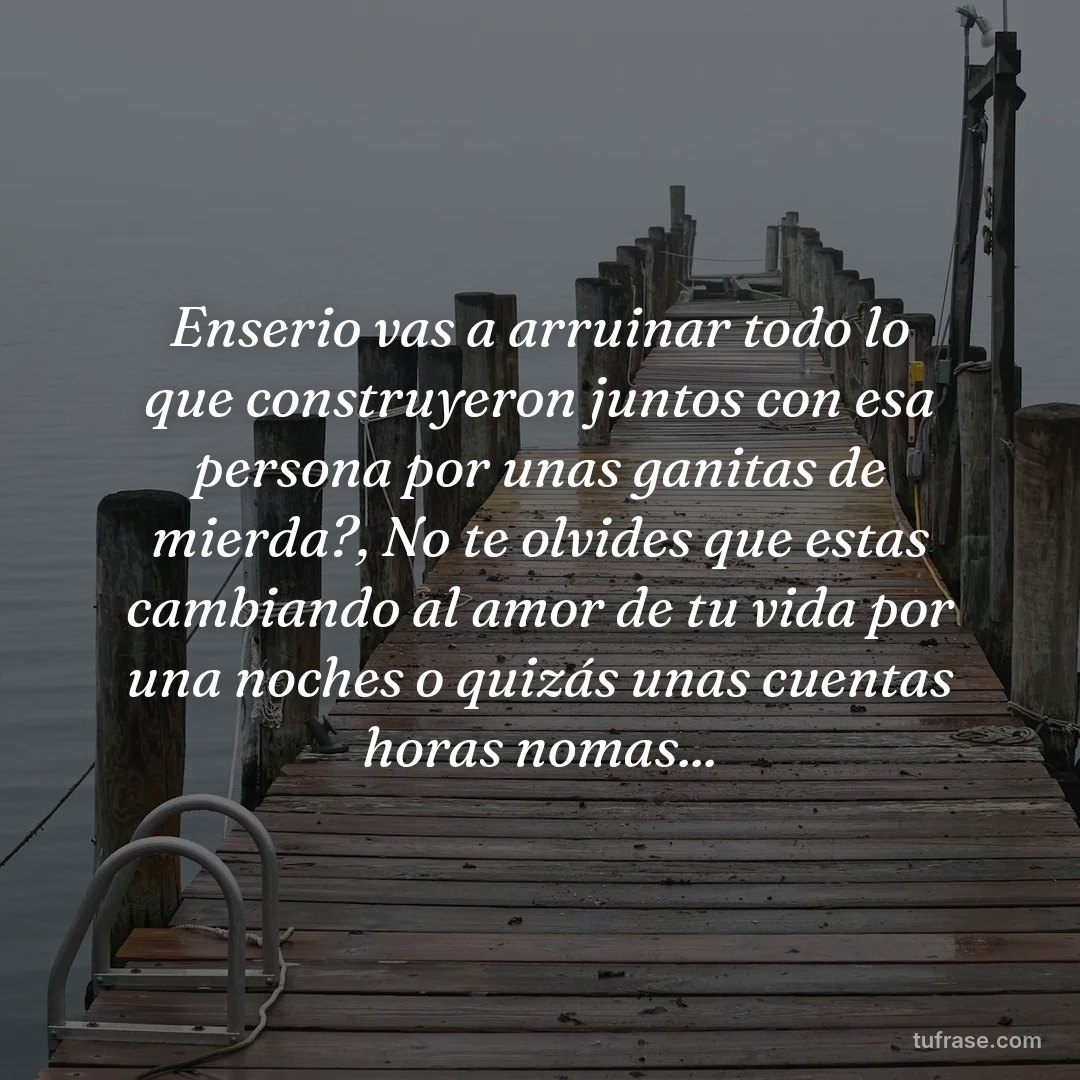 Enserio vas a arruinar todo lo que construyeron juntos con esa persona por unas ganitas de mierda?, No te olvides que estas cambiando al amor de tu vida por una noches o quizás unas cuentas horas nomas...