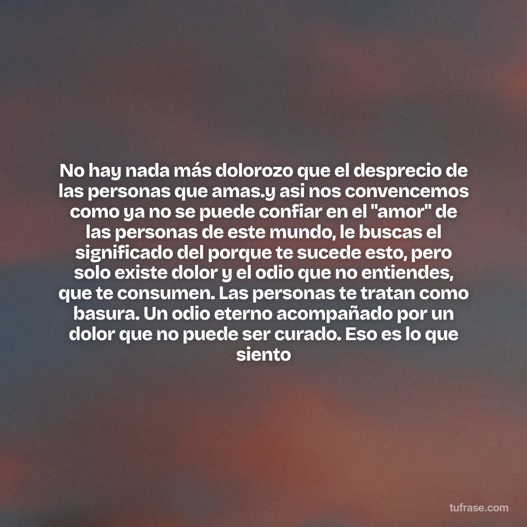 No hay nada más dolorozo que el desprecio de las personas que amas.y asi nos convencemos como ya no se puede confiar en el "amor" de las personas de este mundo, le buscas el significado del porque te sucede esto, pero solo existe dolor y el odio que no entiendes, que te consumen. Las personas te tratan como basura. Un odio eterno acompañado por un dolor que no puede ser curado. Eso es lo que siento