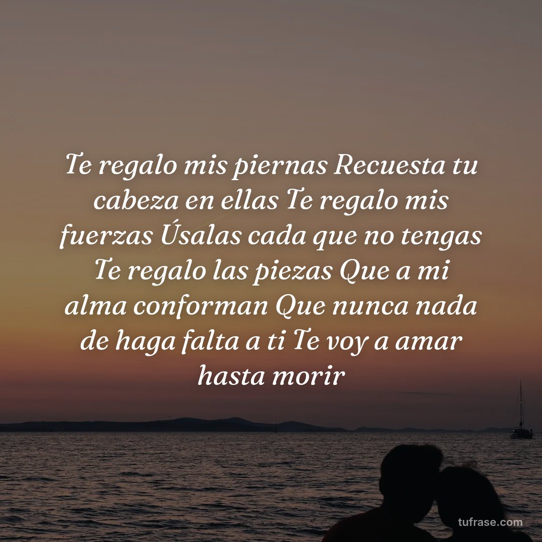Te regalo mis piernas Recuesta tu cabeza en ellas Te regalo mis fuerzas Úsalas cada que no tengas Te regalo las piezas Que a mi alma conforman Que nunca nada de haga falta a ti Te voy a amar hasta morir