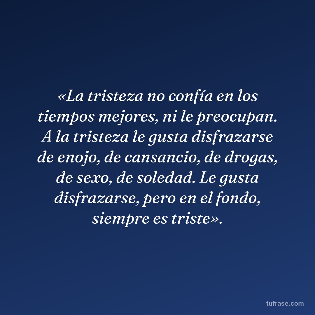 «La tristeza no confía en los tiempos mejores, ni le preocupan. A la tristeza le gusta disfrazarse de enojo, de cansancio, de drogas, de sexo, de soledad. Le gusta disfrazarse, pero en el fondo, siempre es triste».