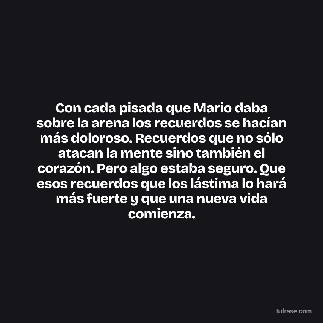 Con cada pisada que Mario daba sobre la arena los recuerdos se hacían más doloroso. Recuerdos que no sólo atacan la mente sino también el corazón. Pero algo estaba seguro. Que esos recuerdos que los lástima lo hará más fuerte y que una nueva vida comienza.