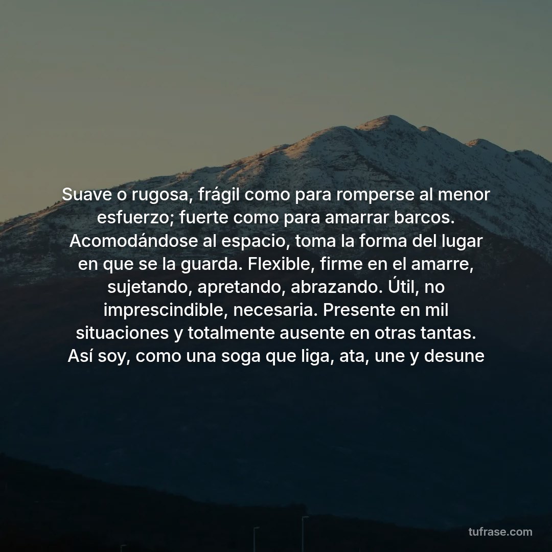 Suave o rugosa, frágil como para romperse al menor esfuerzo; fuerte como para amarrar barcos. Acomodándose al espacio, toma la forma del lugar en que se la guarda. Flexible, firme en el amarre, sujetando, apretando, abrazando. Útil, no imprescindible, necesaria. Presente en mil situaciones y totalmente ausente en otras tantas. Así soy, como una soga que liga, ata, une y desune