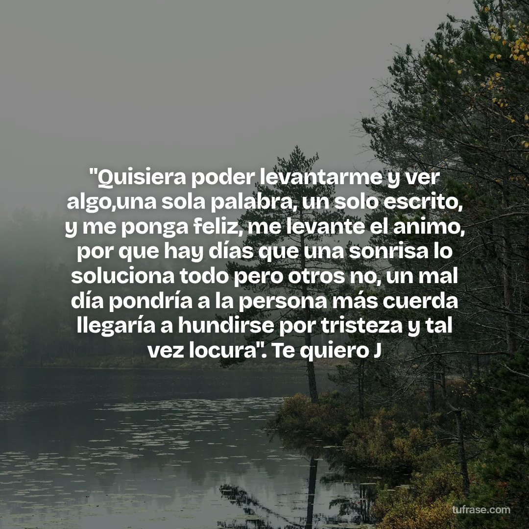 "Quisiera poder levantarme y ver algo,una sola palabra, un solo escrito, y me ponga feliz, me levante el animo, por que hay días que una sonrisa lo soluciona todo pero otros no, un mal día pondría a la persona más cuerda llegaría a hundirse por tristeza y tal vez locura". Te quiero J