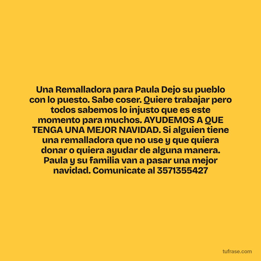 Una Remalladora para Paula Dejo su pueblo con lo puesto. Sabe coser. Quiere trabajar pero todos sabemos lo injusto que es este momento para muchos. AYUDEMOS A QUE TENGA UNA MEJOR NAVIDAD. Si alguien tiene una remalladora que no use y que quiera donar o quiera ayudar de alguna manera. Paula y su familia van a pasar una mejor navidad. Comunicate al 3571355427