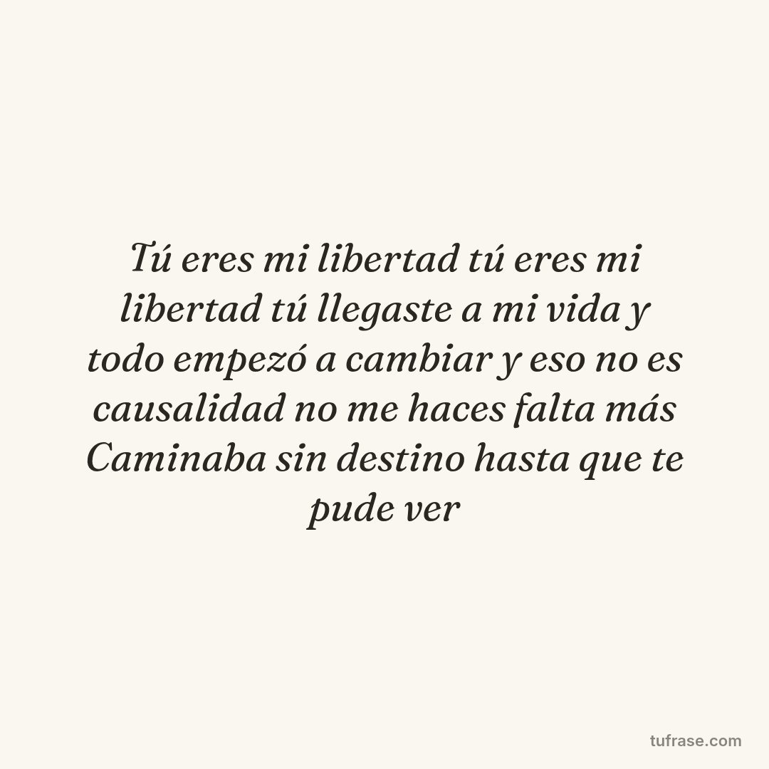 Tú eres mi libertad tú eres mi libertad tú llegaste a mi vida y todo empezó a cambiar y eso no es causalidad no me haces falta más Caminaba sin destino hasta que te pude ver