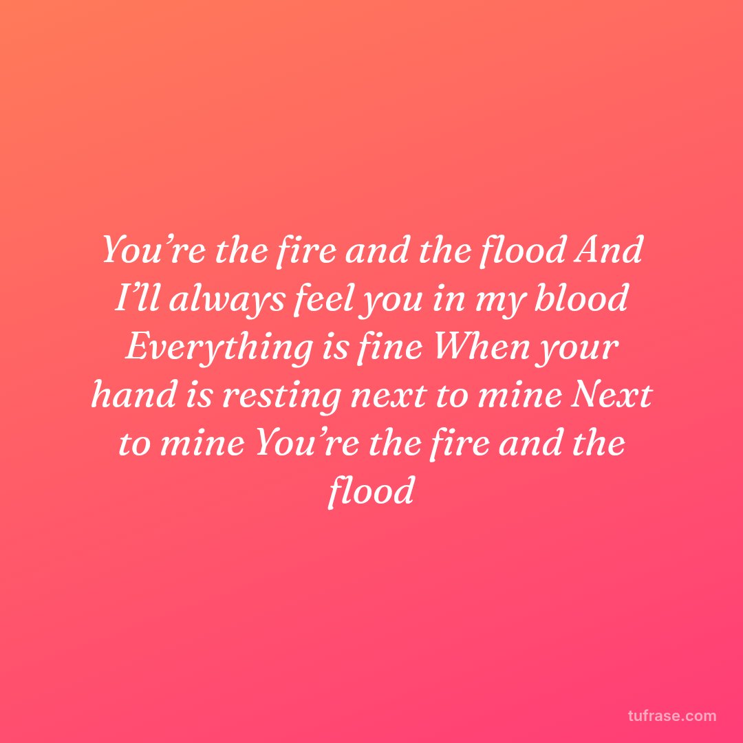 You’re the fire and the flood And I’ll always feel you in my blood Everything is fine When your hand is resting next to mine Next to mine You’re the fire and the flood