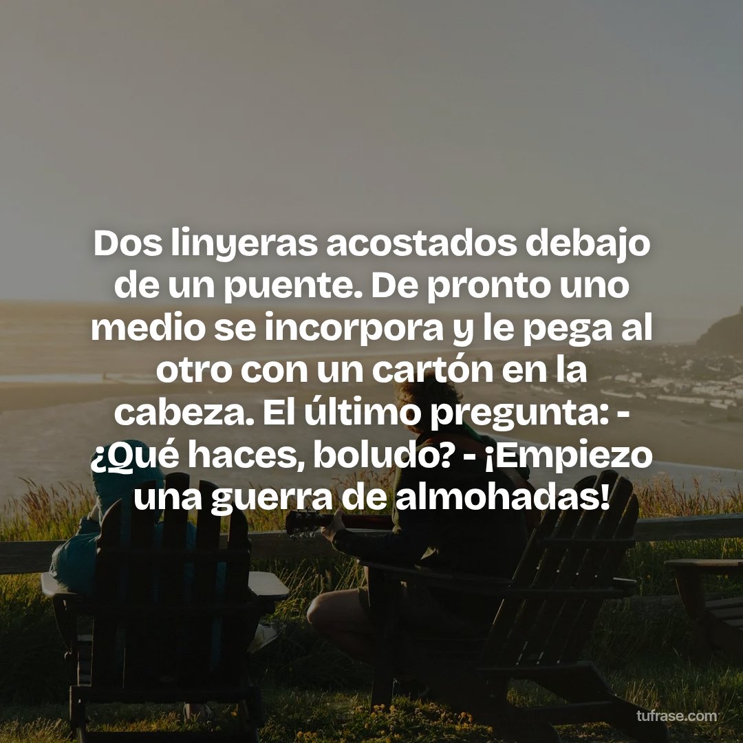 Dos linyeras acostados debajo de un puente. De pronto uno medio se incorpora y le pega al otro con un cartón en la cabeza. El último pregunta: - ¿Qué haces, boludo? - ¡Empiezo una guerra de almohadas!